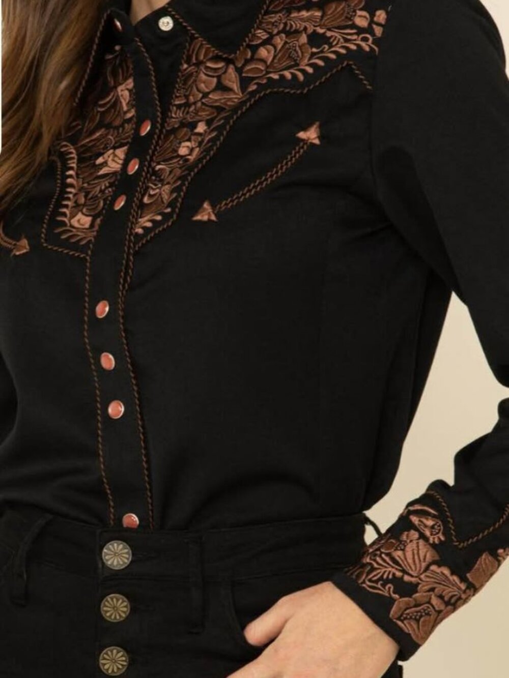 Scully XL Floral Embroidered western snap front shirt copper black